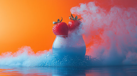 A dynamic composition of a strawberry mid-splash in a misty wave, symbolizing freshness and energy.の素材