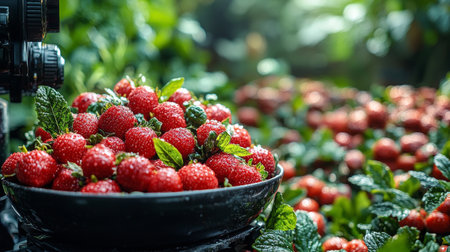 A black container filled with fresh strawberries, surrounded by green leaves, showcasing vibrant natural beauty.の素材