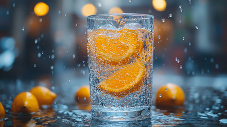 A refreshing glass of sparkling water infused with orange slices, surrounded by water droplets, symbolizing freshness and vitality.の素材