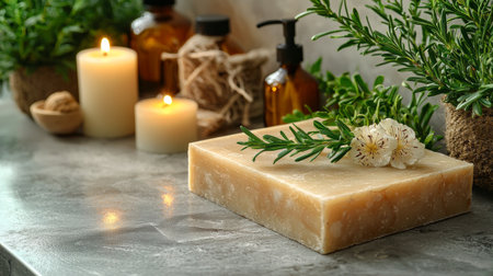 A close-up of natural handmade soaps adorned with flowers, surrounded by candles, creating a spa-like and calming ambiance.の素材