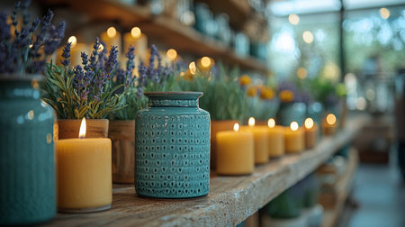 A rustic arrangement of candles and lavender, set in a cozy environment with warm lighting, creating a soothing ambiance.の素材
