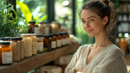 A cheerful young woman smiling in a cozy shop filled with candles and natural products, evoking warmth and charm.の素材