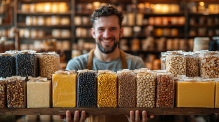 A friendly shopkeeper standing behind a counter lined with jars of grains and pulses, creating a welcoming atmosphere.の素材