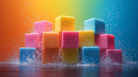 A stack of vibrant handmade soap blocks adorned with fresh water droplets, creating a refreshing and artistic composition.の素材