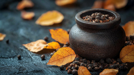 A cozy scene featuring a rustic clay pot filled with coffee beans surrounded by autumn leaves, evoking warmth and comfort.の素材