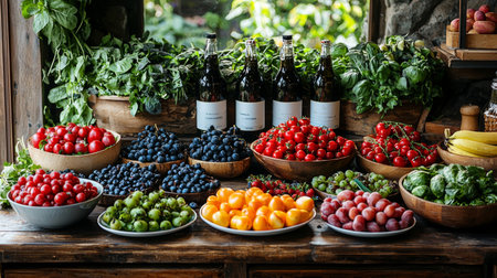 A rustic market display featuring a colorful assortment of fresh fruits and vegetables in baskets and crates.の素材