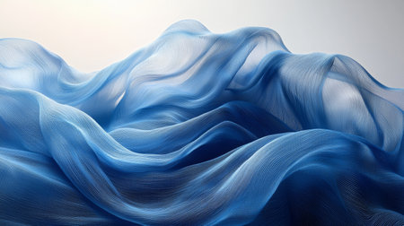 An abstract visual of flowing blue fabric waves, evoking a sense of elegance and motion with soft textures.の素材