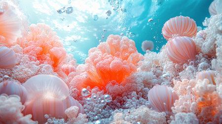 An underwater view of a coral reef featuring vibrant marine life, soft coral textures, and a serene aquatic atmosphere.の素材