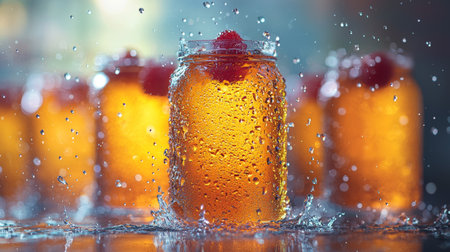 A refreshing orange drink bottle surrounded by splashing water and ice cubes, creating a dynamic and vibrant composition. Perfect for drinks and summer themes.の素材