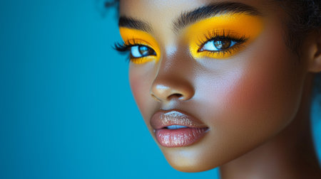 A striking close-up portrait of a woman with vibrant yellow eyeshadow and glowing skin, set against a bright blue background. Perfect for beauty and fashion themes.の素材