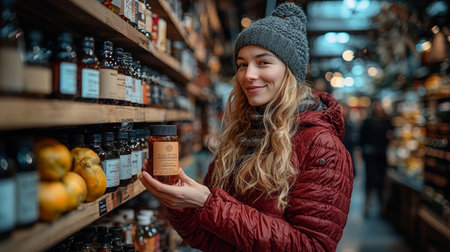A cheerful woman in a red jacket selecting fresh produce from a market shelf, surrounded by vibrant fruits and vegetables. Perfect for lifestyle and food photography.の素材