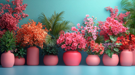 A sunny terrace featuring colorful potted flowers and lush greenery, creating a vibrant and cozy outdoor scene. Perfect for decor and lifestyle photography.の素材