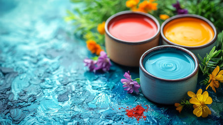 A vibrant composition of colorful candles surrounded by flowers, placed on a textured blue surface. Perfect for decoration and relaxation themes.の素材