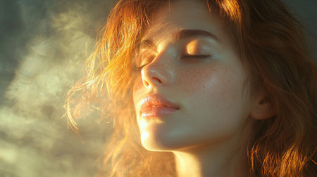 A serene portrait of a woman with her face gently illuminated by warm sunlight, creating a dreamy and elegant atmosphere. Perfect for lifestyle and beauty themes.の素材