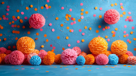 A playful composition featuring colorful pom-poms scattered on a bright blue textured surface, creating a cheerful and artistic design. Perfect for creative and modern themes.の素材