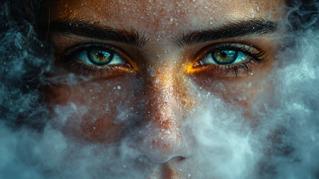 A dramatic close-up portrait of a woman's eyes illuminated by ethereal light and surrounded by smoky effects. Perfect for artistic and cinematic themes.の素材