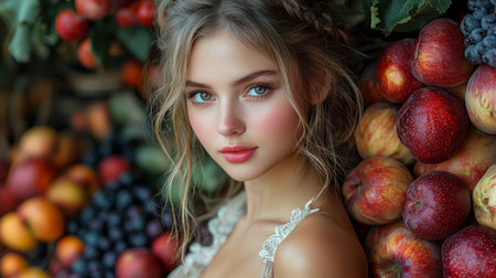 A cheerful young woman posing with fresh red apples in a vibrant market setting, exuding freshness and joy. Perfect for lifestyle and food themes.の素材