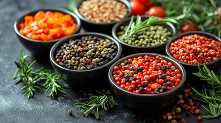 An artistic flat lay of spices and herbs in wooden bowls on a dark textured surface, exuding a rich and aromatic feel. Perfect for food and culinary themes.の素材