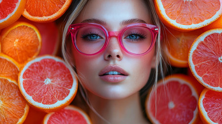 A vibrant portrait of a woman wearing pink glasses surrounded by citrus fruits, featuring bold and colorful styling.の素材