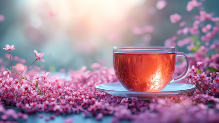A delicate glass tea cup surrounded by pink blossoms, illuminated by soft natural light, creating a serene and cozy atmosphere.の素材