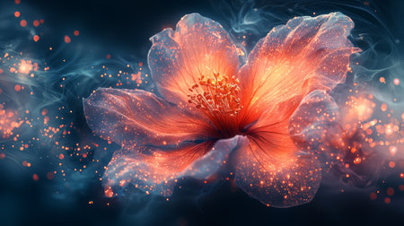 A glowing orange flower surrounded by magical sparkles, creating a surreal and artistic composition with a dreamy atmosphere.の素材