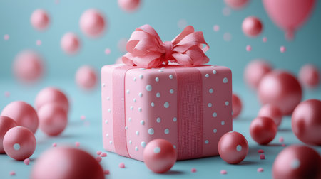 A charming pink gift box adorned with delicate decorations and surrounded by festive accents, perfect for celebrations.の素材
