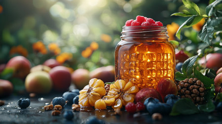 A jar of golden honey surrounded by fresh berries and fruits, creating a rustic and appetizing arrangement.の素材