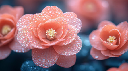 A close-up of soft pink camellia flowers adorned with dewdrops, creating a delicate and serene composition.の素材