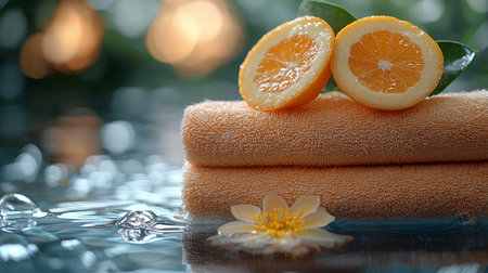 A serene spa setup featuring folded towels, fresh citrus slices, and delicate orange blossoms arranged harmoniously.の素材