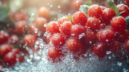 A close-up of fresh red berries covered in glistening water droplets, creating a vibrant and refreshing composition.の素材
