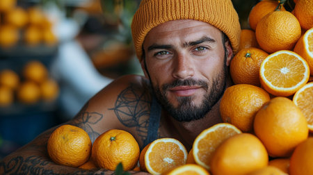 A creative portrait of a man surrounded by vibrant fresh oranges, captured with a warm and natural tone.の素材