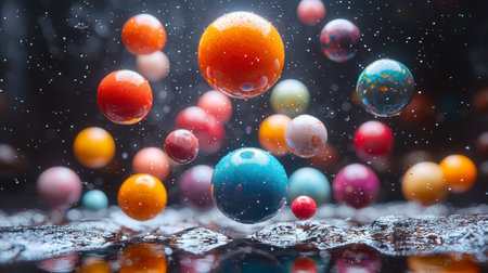 A colorful abstract composition of floating spheres and water droplets, creating a dynamic and surreal visual.の素材