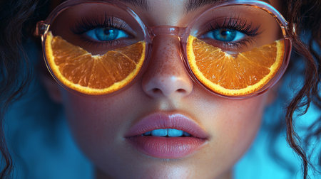 A playful and vibrant portrait of a woman wearing sunglasses made of orange slices, creating a unique and creative composition.の素材