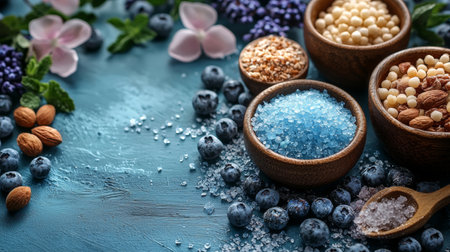 A detailed arrangement of rustic wooden bowls filled with nuts, seeds, and superfoods on a textured surface.の素材