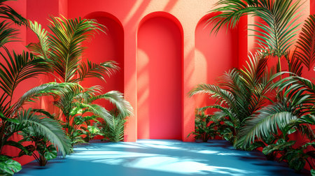A bright tropical composition of a vibrant archway surrounded by lush palm trees, illuminated by sunlight.の素材