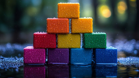 A creative arrangement of colorful, glittering cubes stacked against a dark background, creating a bold and vibrant composition.の素材