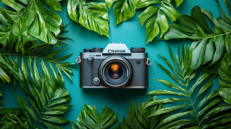 A stylish image of a vintage camera resting on a bed of tropical leaves, showing a creative and vibrant composition.の素材