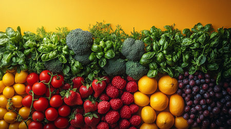 A vibrant arrangement of fresh fruits and vegetables displayed in rows, highlighting their natural textures and colors.の素材