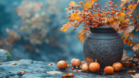 A rustic autumn setting featuring a ceramic vase, colorful leaves, and harvest fruits arranged on a weathered surface.の素材