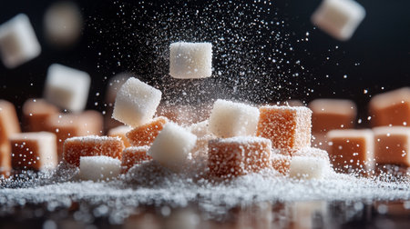 A playful capture of sugar cubes falling onto a surface with dramatic splashes, creating a dynamic and sweet aesthetic.の素材
