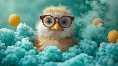 A cute chick wearing glasses, nestled in a whimsical cloudy setting with pastel-colored elements and a playful vibe.の素材