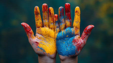 Creative expression shown through hands covered in vibrant splashes of colorful paint, symbolizing art and freedom.の素材