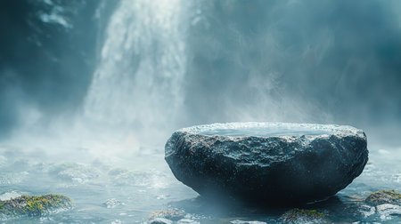 A tranquil scene of a waterfall gently flowing over a large rock, surrounded by mist and natural greenery.の素材
