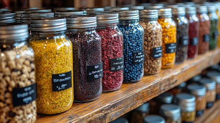An arrangement of glass jars filled with colorful spices on a rustic wooden shelf in a cozy kitchen setting.の素材