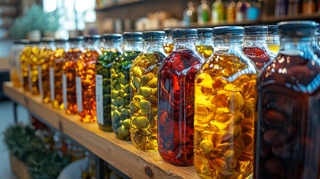 A selection of bottles filled with infused oils displayed on a rustic wooden shelf, creating a natural and vibrant aesthetic.の素材