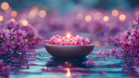 A serene arrangement featuring a lit candle surrounded by cherry blossoms, creating a peaceful and romantic mood.の素材