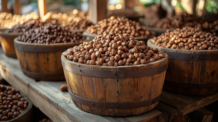 A rustic setup featuring wooden barrels filled with freshly roasted coffee beans, creating a warm and inviting atmosphere.の素材