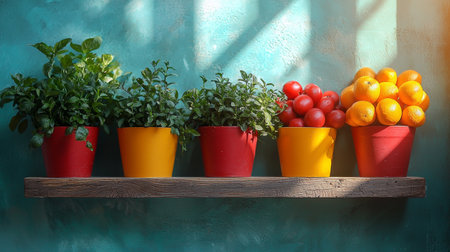 A colorful arrangement of vibrant potted plants displayed on a rustic wooden shelf against a sunny backdrop.の素材