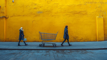 A minimalist street scene featuring a bold yellow wall and two walking figures, creating a vibrant and urban aesthetic.の素材