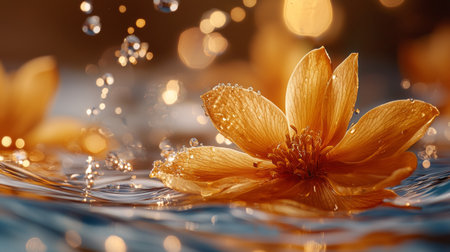 A serene composition of a single yellow blossom floating in sparkling water, creating a peaceful and radiant atmosphere.の素材